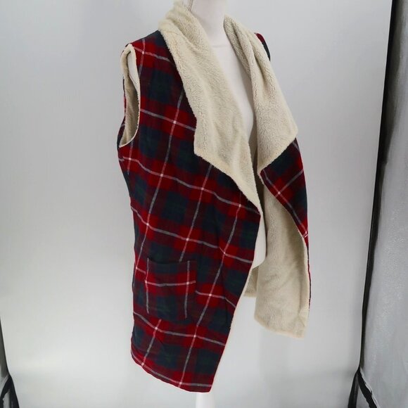 E2 Clothing Christmas Plaid Sherpa Vest Size Large - Picture 1 of 13